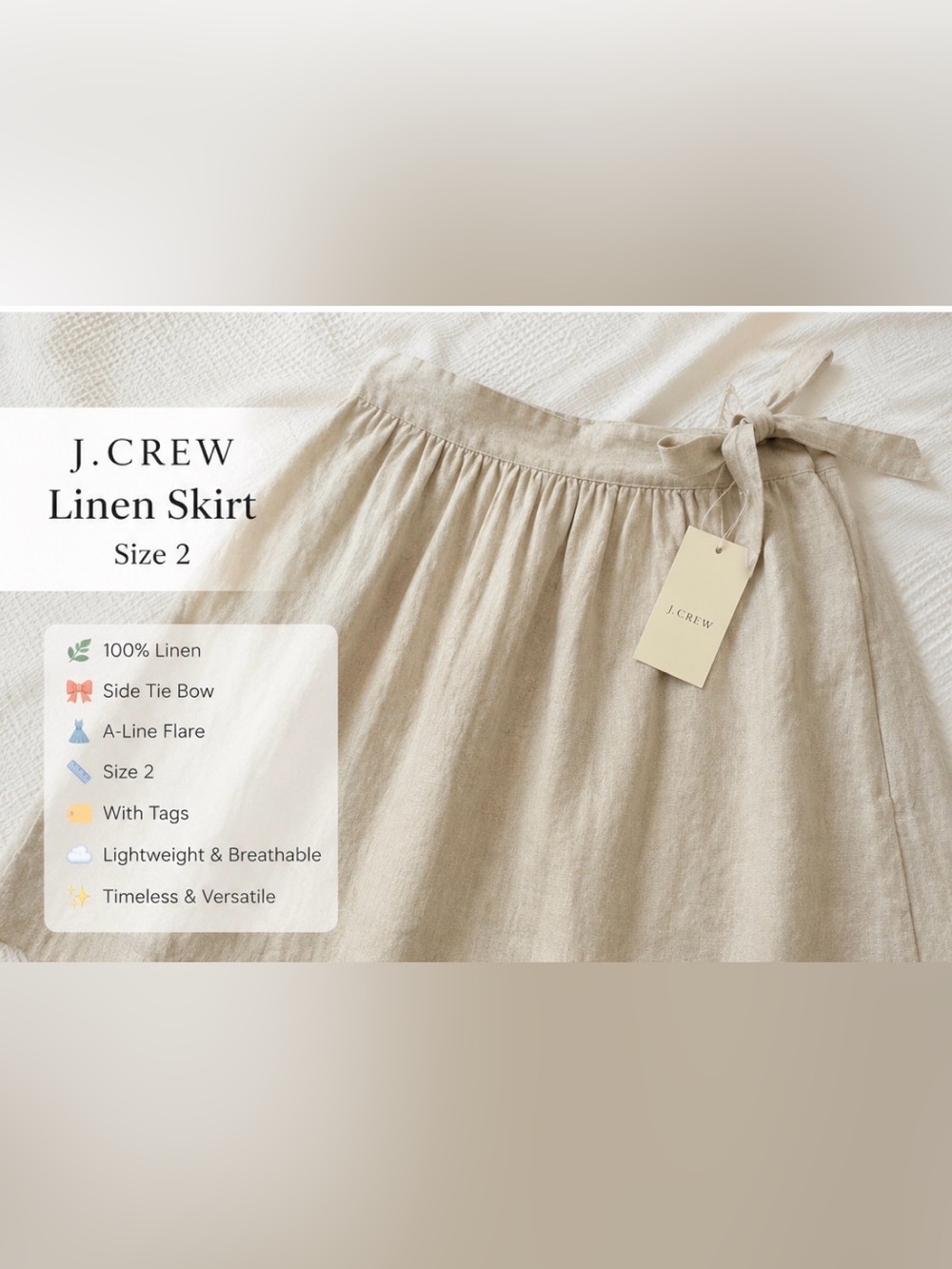 J.Crew 100% Linen Side Tie Skirt Size 2 NWT Beige A-Line Boho Cottagecore Mini